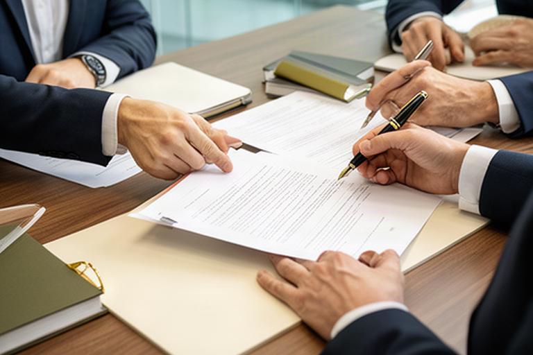 Empresarios firmando un pacto de socios junto a documentos societarios en una sala de reuniones