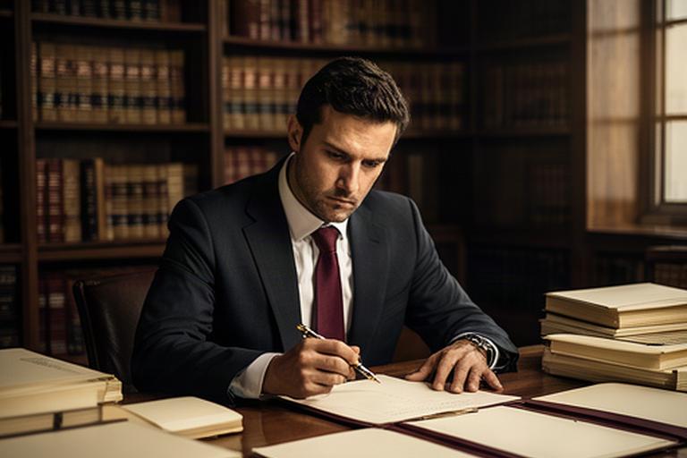 Abogado preparando una defensa penal con expediente y notas en su despacho
