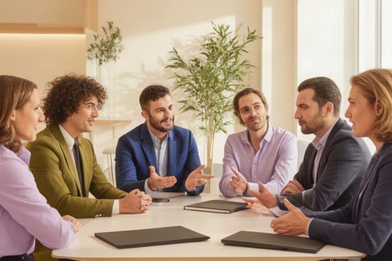 Equipo de abogados conversando en una sala moderna del despacho jurídico en Murcia