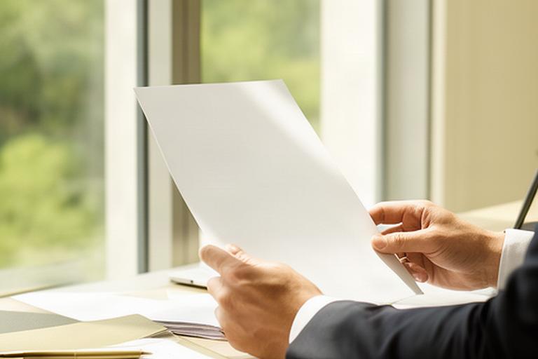 Profesional revisando un contrato laboral junto a una ventana en un despacho jurídico