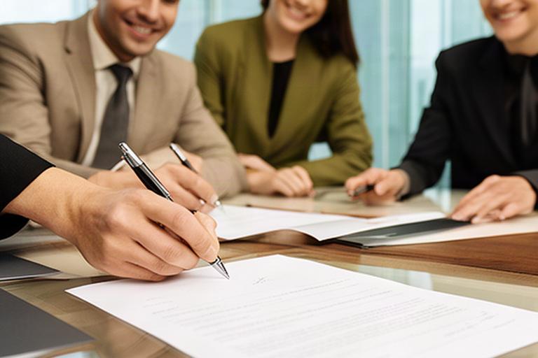 Profesional firmando un acuerdo mercantil junto a asesores en una sala de reuniones