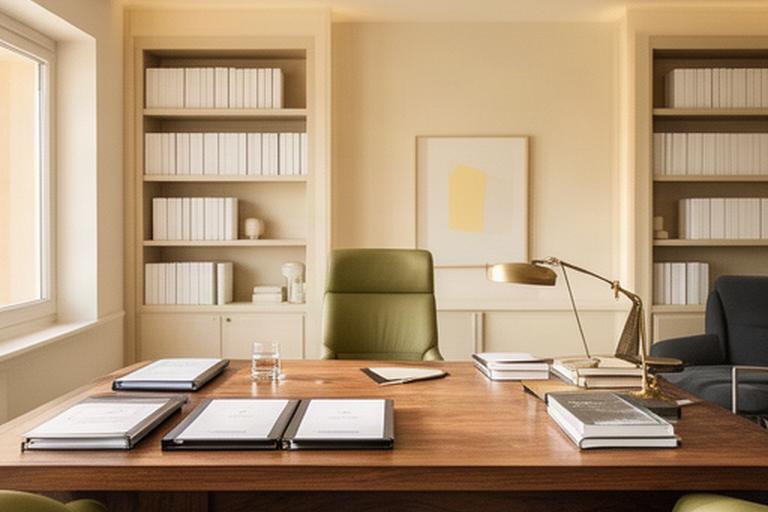 Despacho jurídico con mesa de trabajo, libros de derecho y luz natural en Algezares